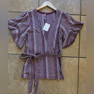 Free People Wine and White Striped Wrap Top
